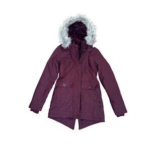 Hollister Womens Maroon Parka Coat With Faux Fur Hood XXS